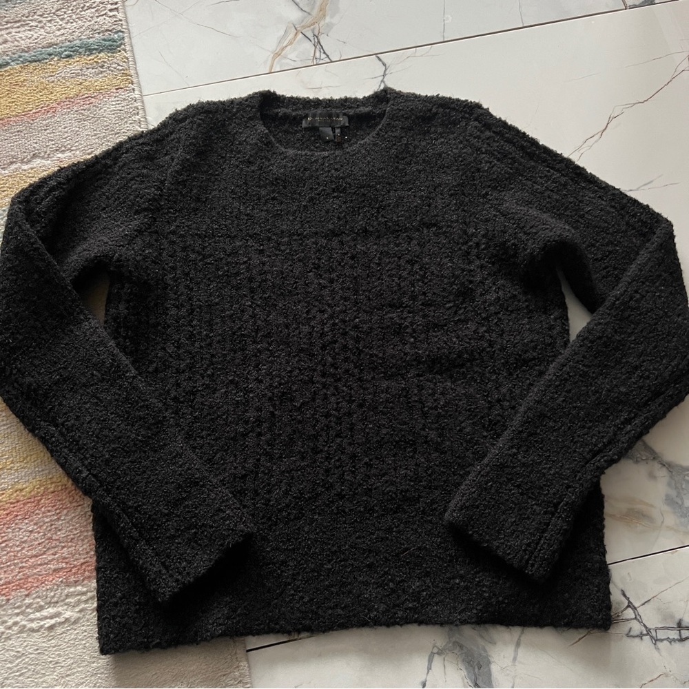 Donna Karan Textured Fuzzy Black Crewneck Sweater Small